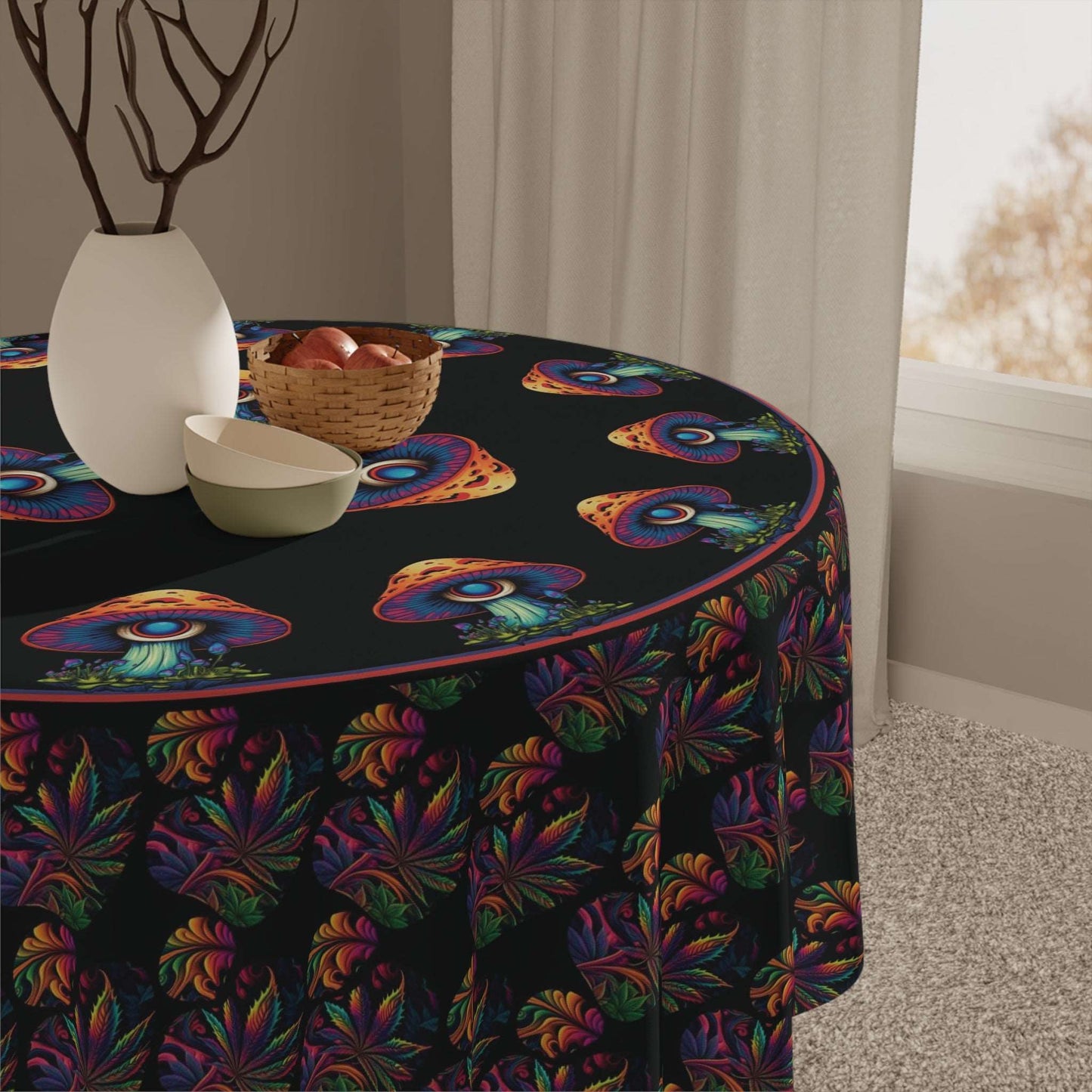 Psychedelic Mushroom Tablecloth | Cannabis Shrooms Kaleidoscopic Table Cover | Mushroom Themed Home Decor | "Fungalvision"