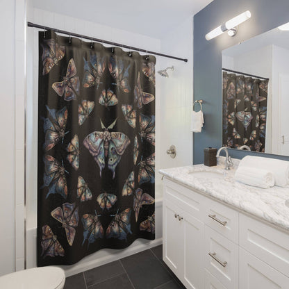 Lunar Moths on Black Shower Curtain | Unique Stylish Bathroom | Ethereal Themed Bath Decor | "Intuition"