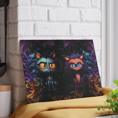 Scary Cartoon Style Cat Glass Cutting Board | Spooky Kitties Kitchen Decor | Cat Art Themed Home Accents | "Feline Combine"