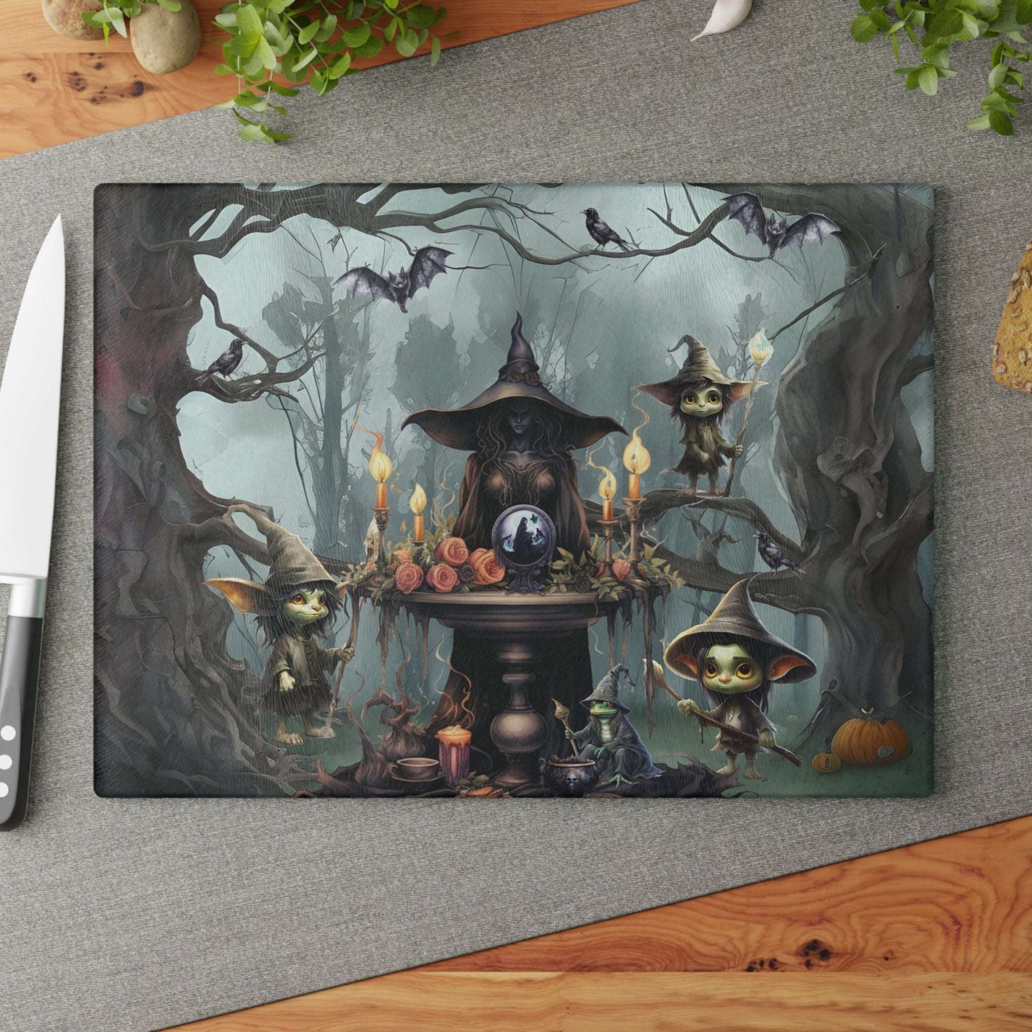 Ethereal Fantasy Style Glass Cutting Board | Sorceress Forest Goblins Kitchen Decor | Fable Themed Home Accents | "Queen of Goblin Forest"