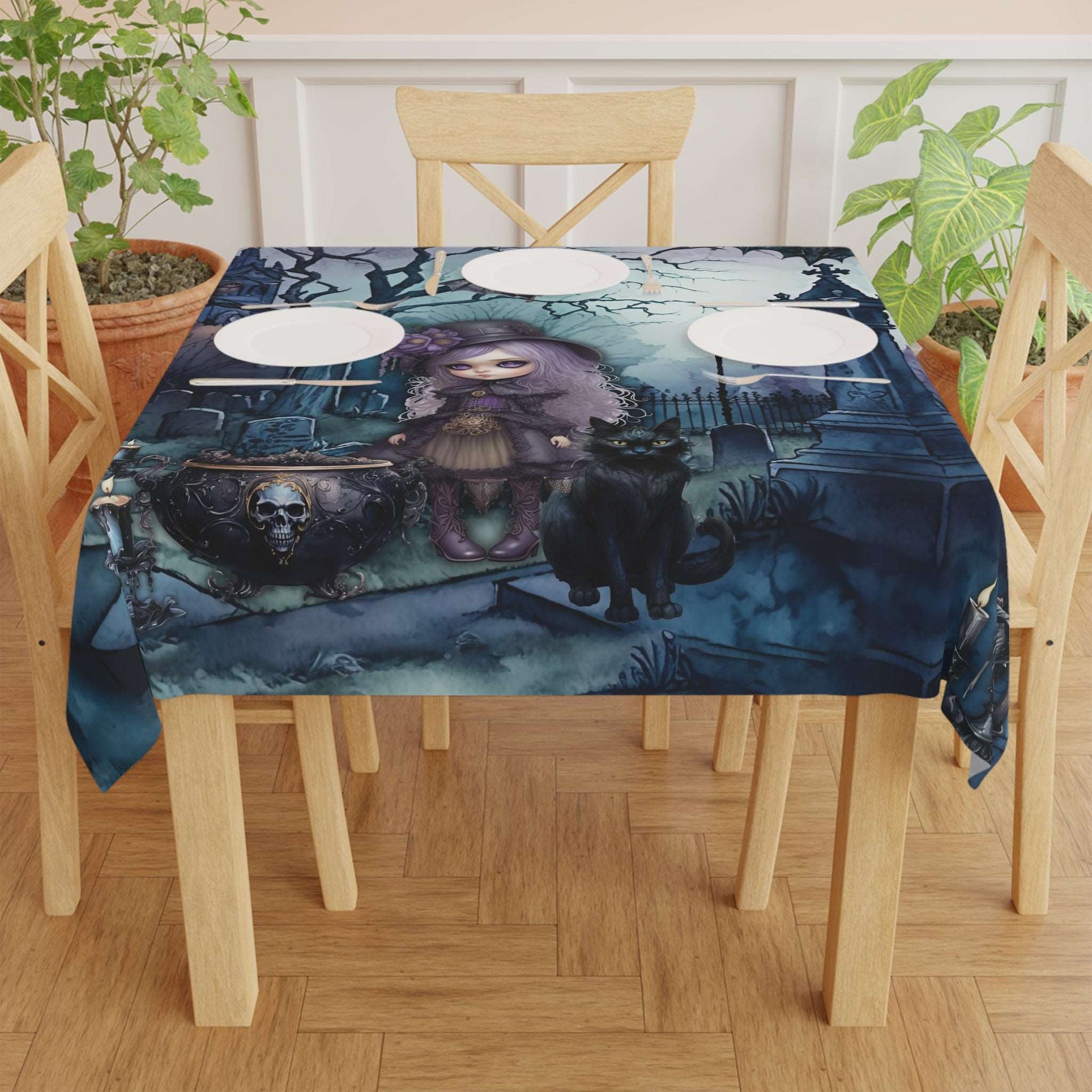 Dark Spooky Tablecloth | Witch Cemetery Black Cat Table Cover | Dark Scary Themed Home Decor | "Witch Amongst the Dead"