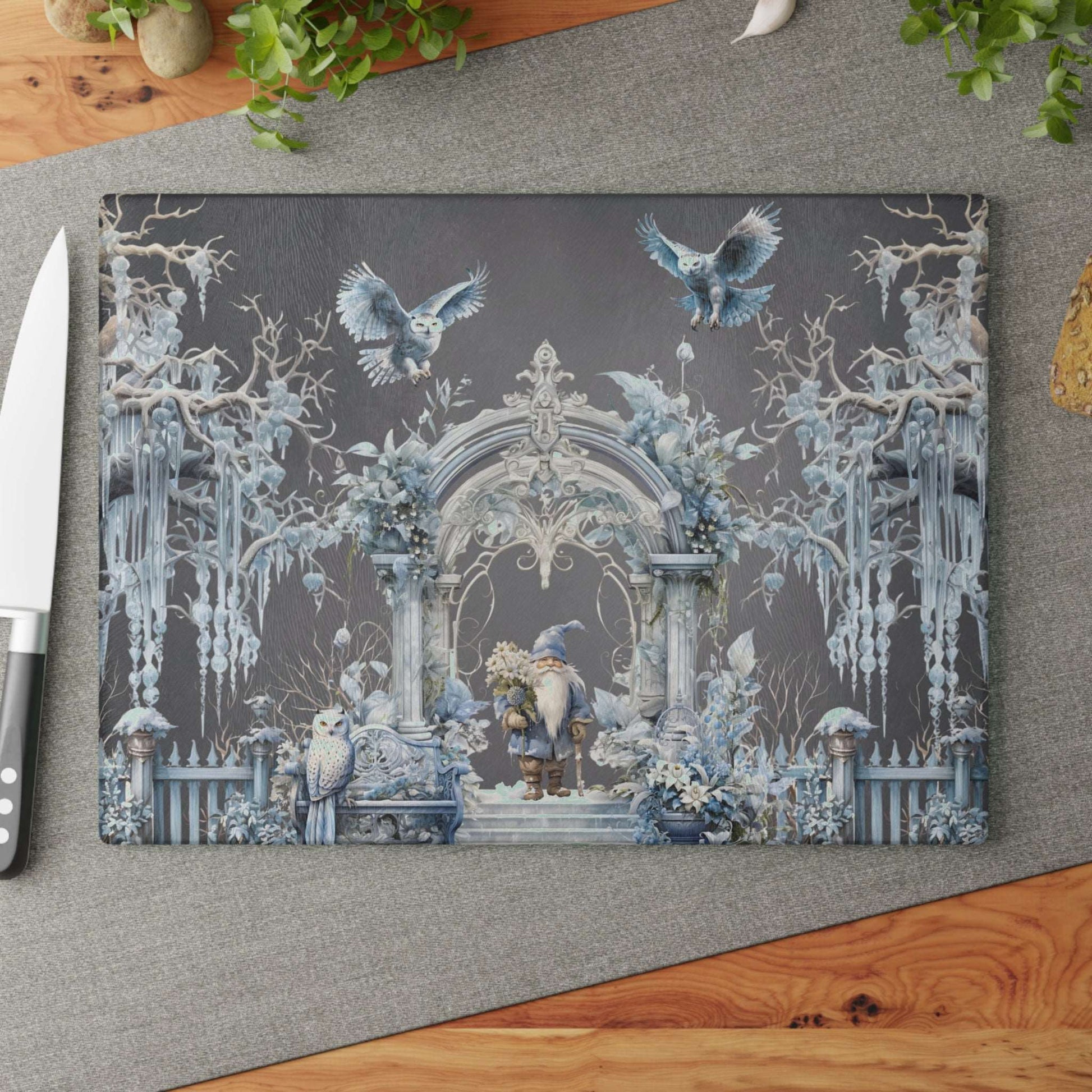 Owls and Wizard Winter Forest Glass Cutting Board | Kitchen Decor | Themed Home Accents | "Winter Dreams"