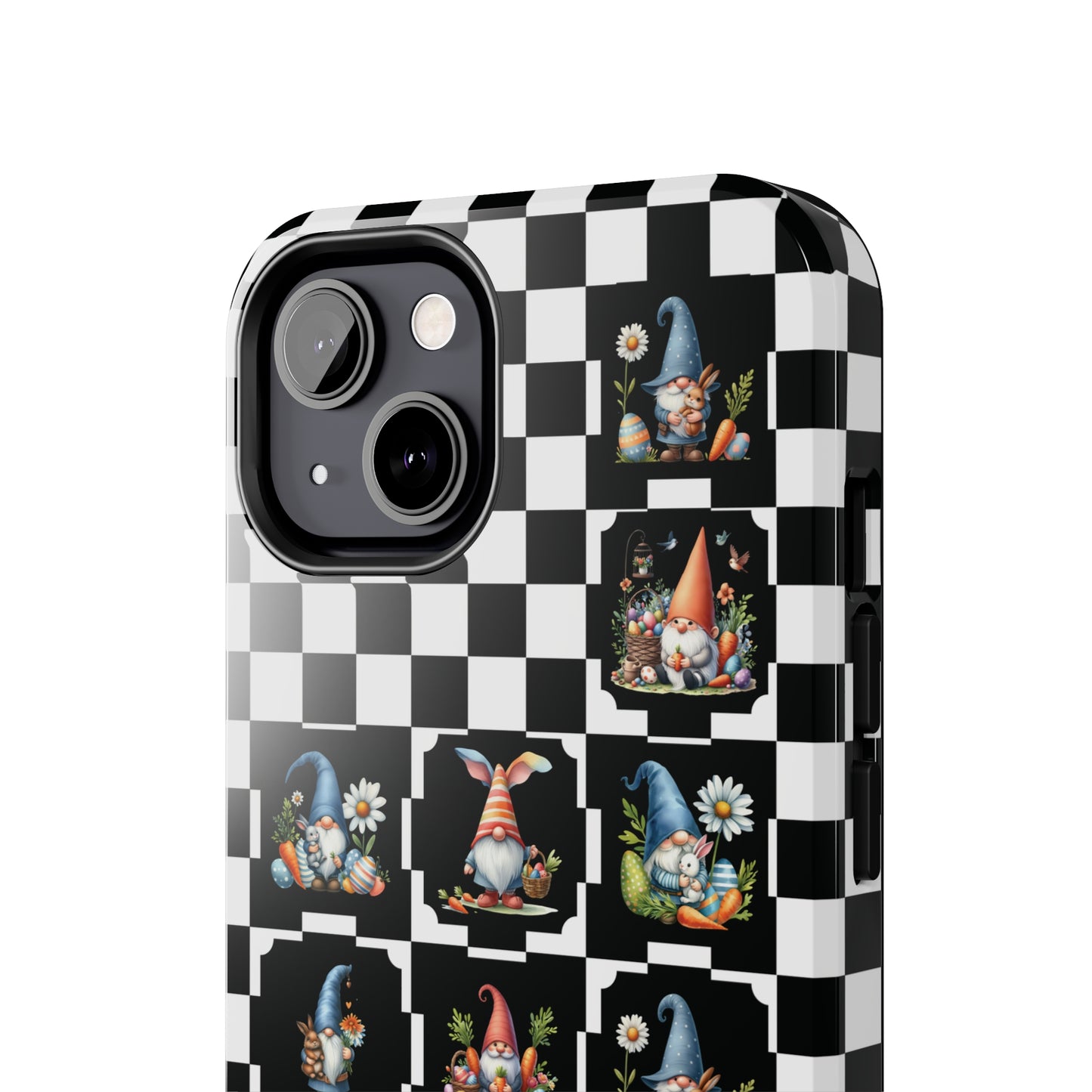 Check Pattern Easter Tough iPhone Case | Spring Easter Gnomes Phone Cover | Gnome Themed iPhone Accessories | "Springtime Check Gnomies"