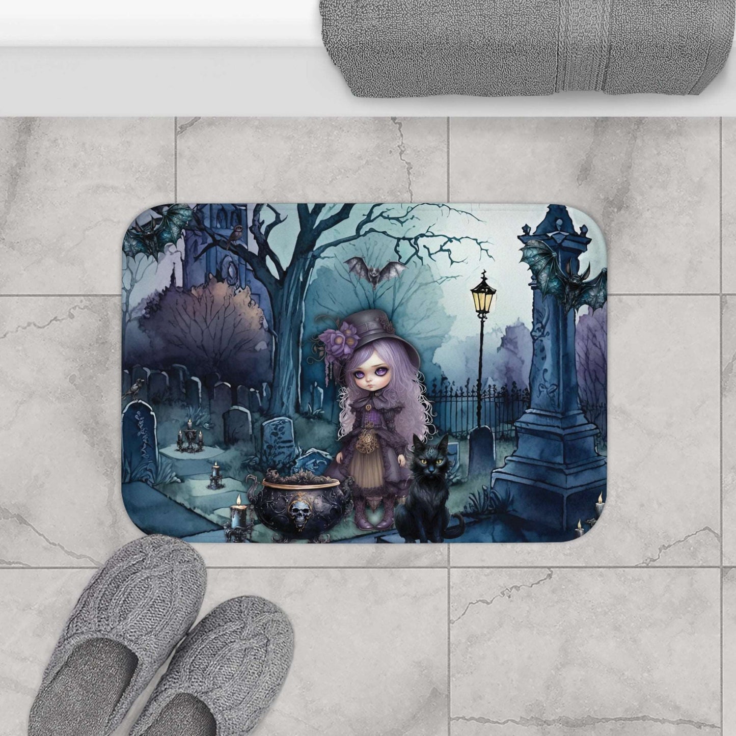 Dark Spooky Bath Mat | Witch Cemetery Black Cat Bathroom Rug | Dark Scary Themed Bath Decor | "Witch Amongst the Dead"