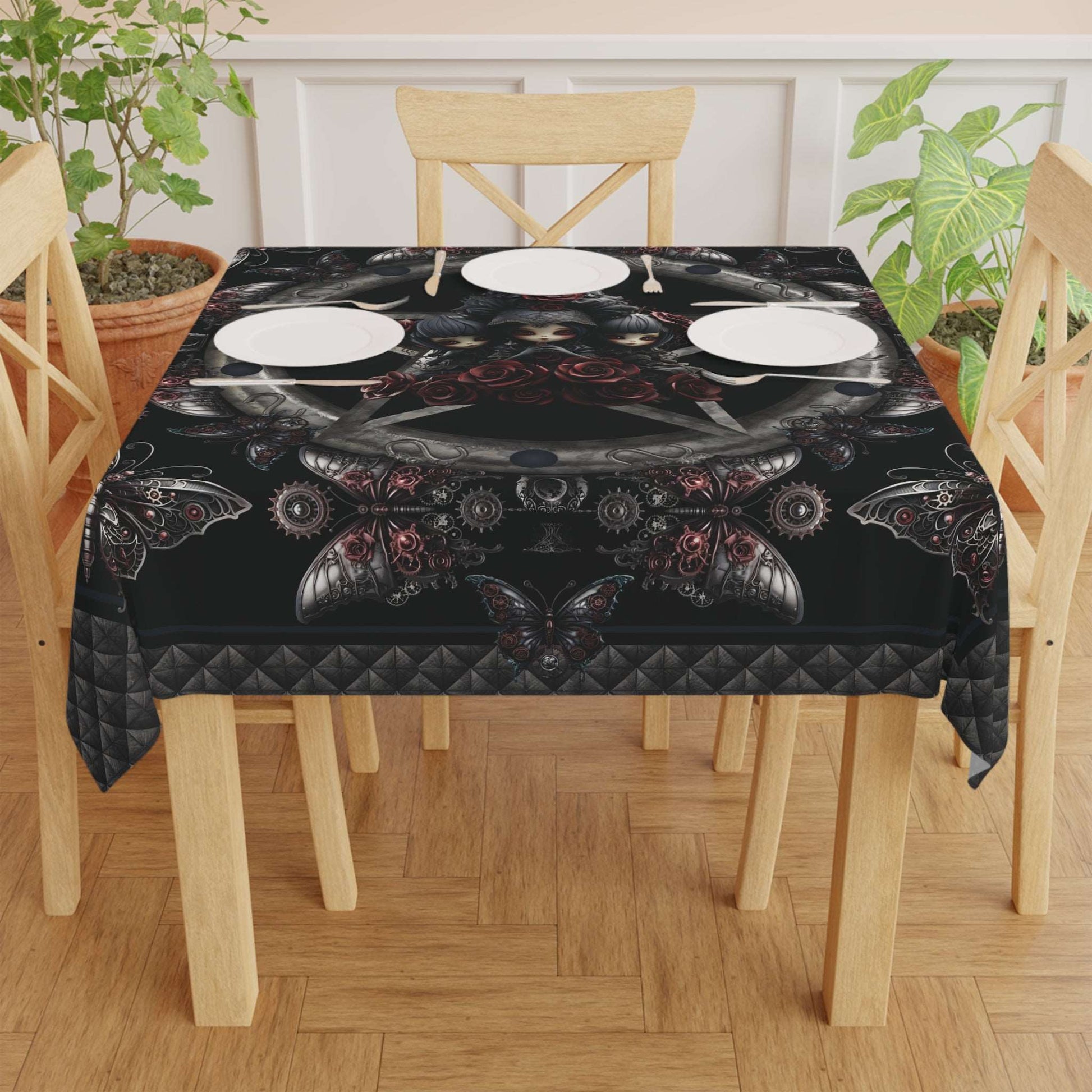 Dark Gothic Steampunk Tablecloth | Steel Metal Roses Butterflies Kitchen Table Cover | Dark Goth Themed Dining Decor | "Heavy Metal"