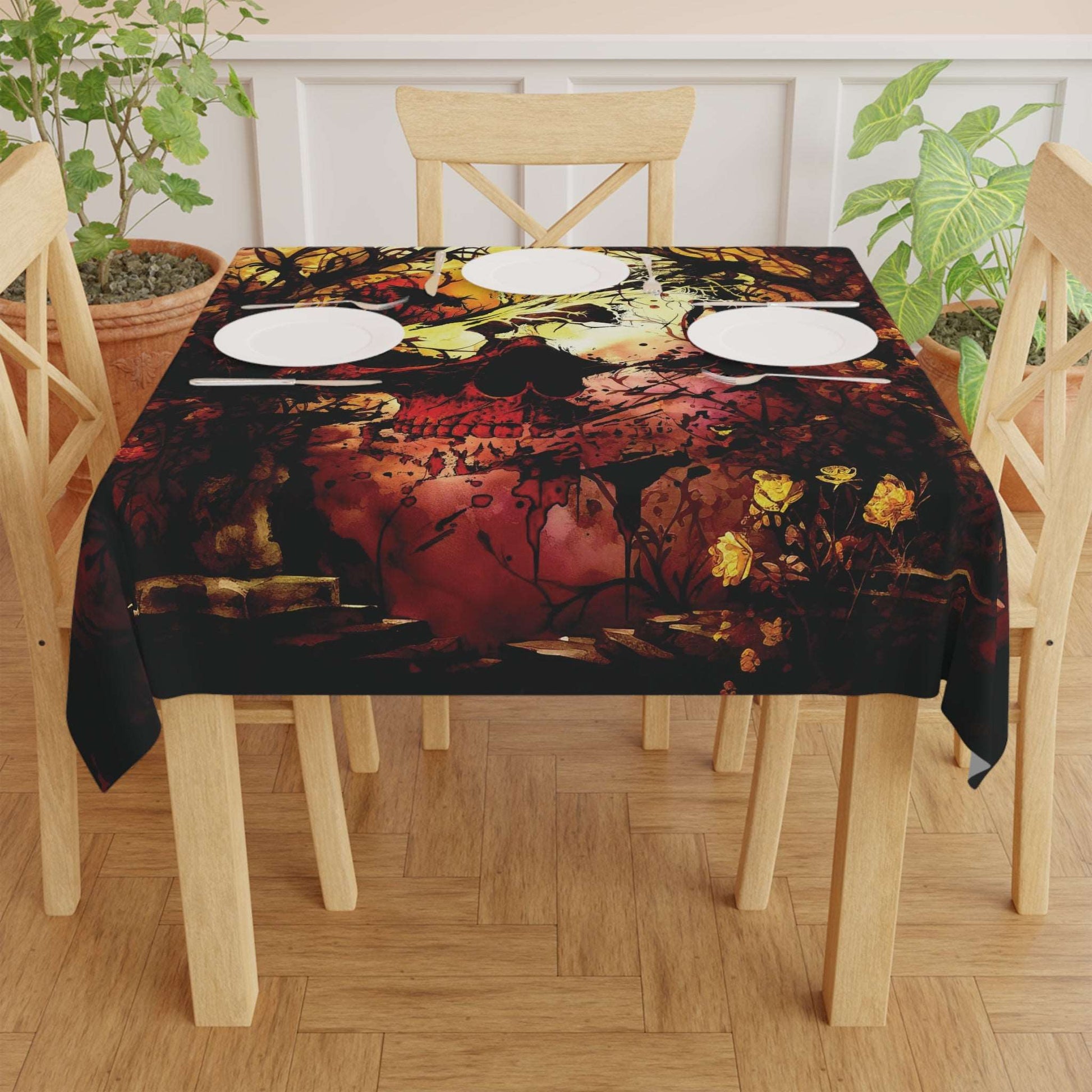 Abstract Horror Style Tablecloth | Skull Vines Ethereal Kitchen Table Cover | Dark Scary Themed Home Decor | "Skullitrax"