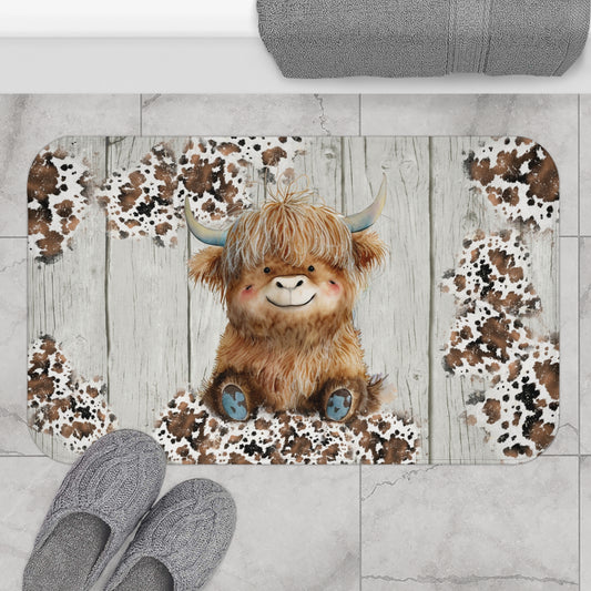 Rustic Farmhouse Bath Mat | Highland Cow Woodprint Bathroom Rug | Cow Themed Bath Decor | "Highland Nudity"