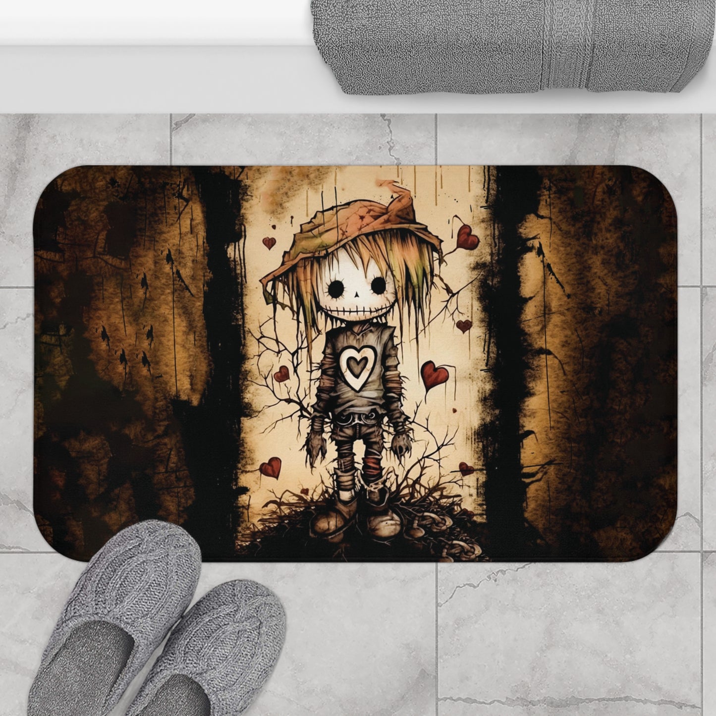 Spooky Cute Scarecrow Bath Mat | Cute Emo Style Bathroom Rug | Scarecrow Kid Themed Bath Decor | "Kid With a Heart of Straw"