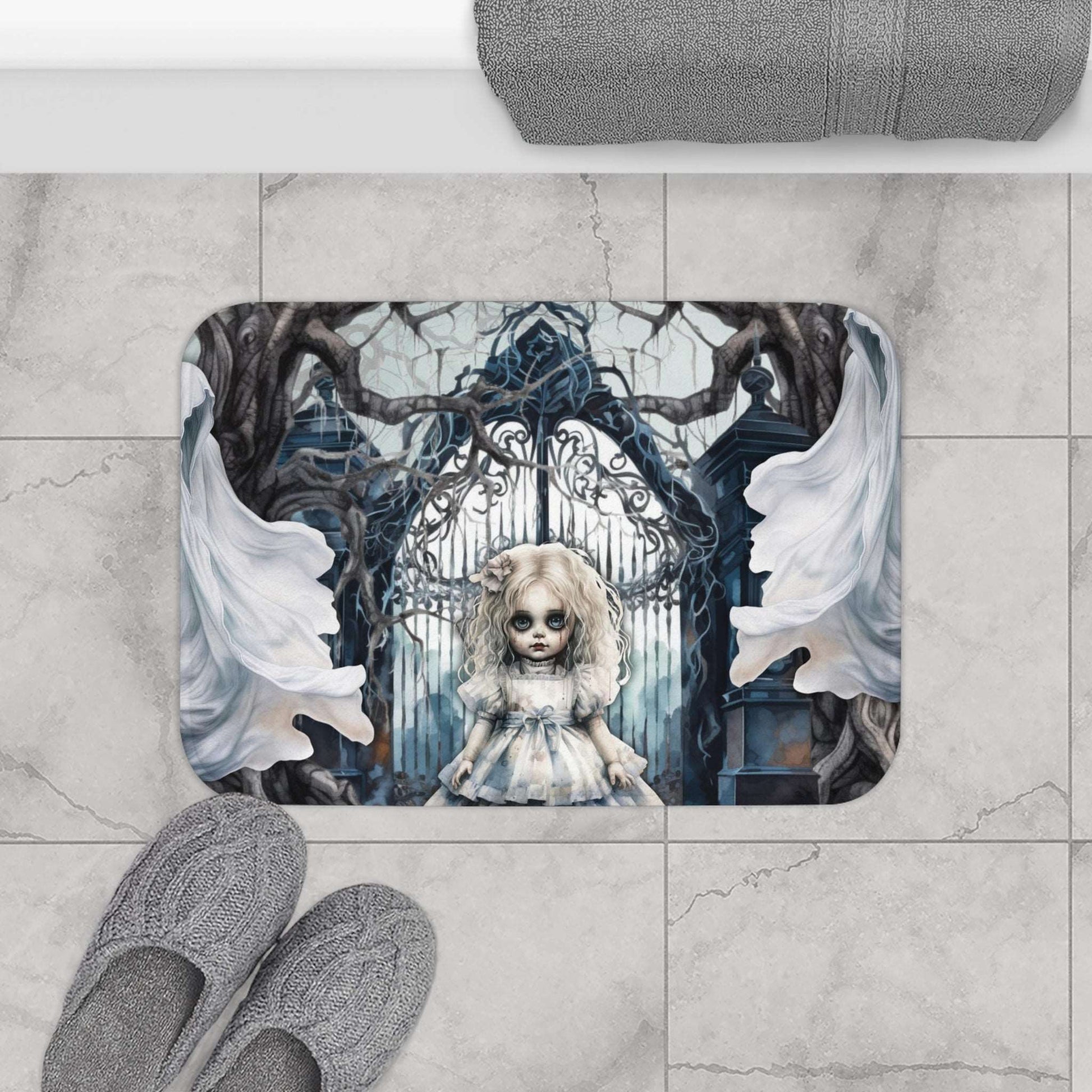 Spooky Gothic Bath Mat | Ghosts Cemetery Scary Little Girl Bathroom Rug | Dark Scary Themed Bath Decor | "Let's Play"