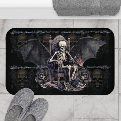 Scary Gothic Style Bath Mat | Skeletons Skulls Bats Bathroom Rug | Dark Goth Themed Bath Decor | "Into the Night"