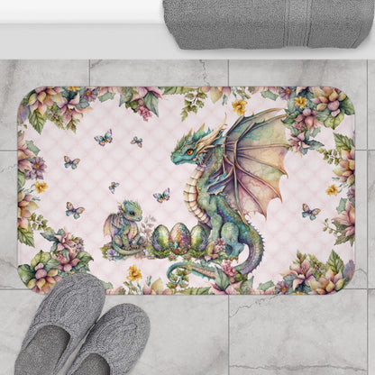 Pink Tuft Flowery Dragons Bath Mat | Fairy Fantasy Style Bathroom Rug | Dragons & Fairies Themed Bath Decor | "Fairy Dragon Manor"