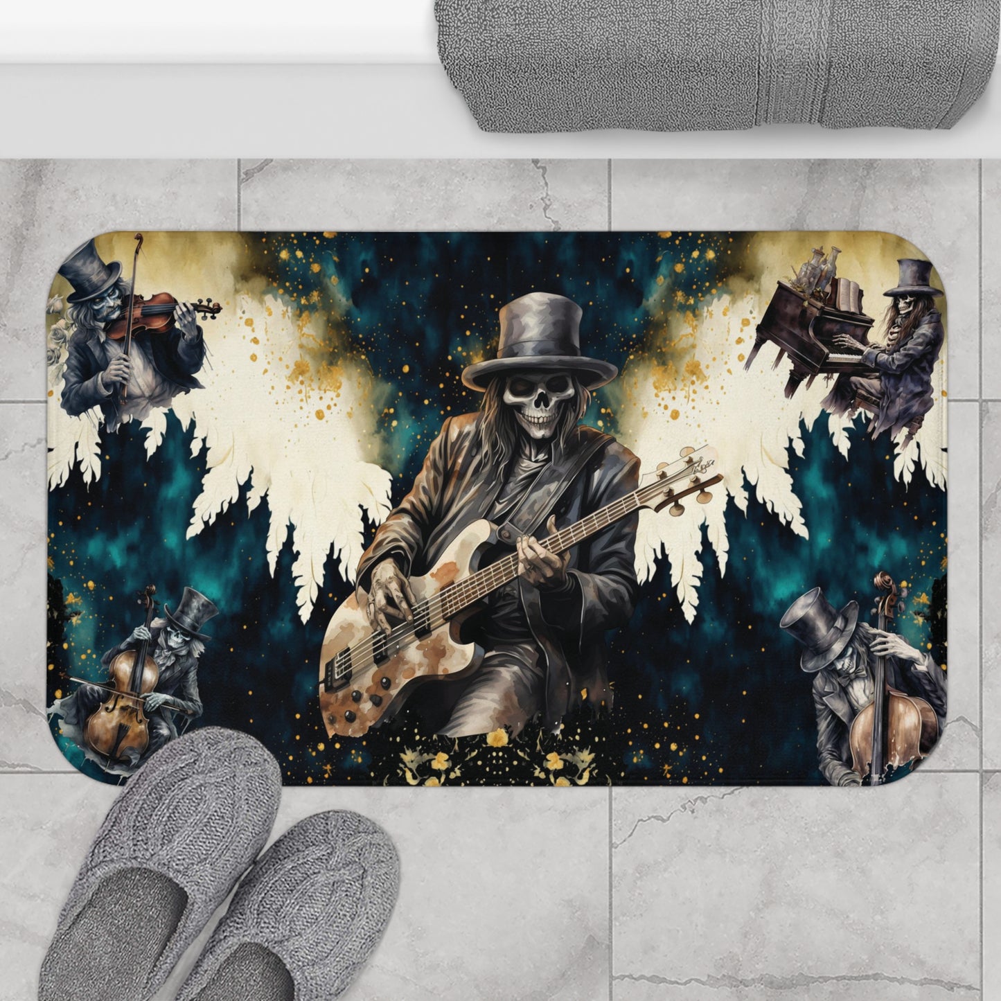 Skeleton Rock Band Bath Mat | Ghostly Music Bathroom Rug | Rock & Roll Death Themed Bath Decor | "Music Man"