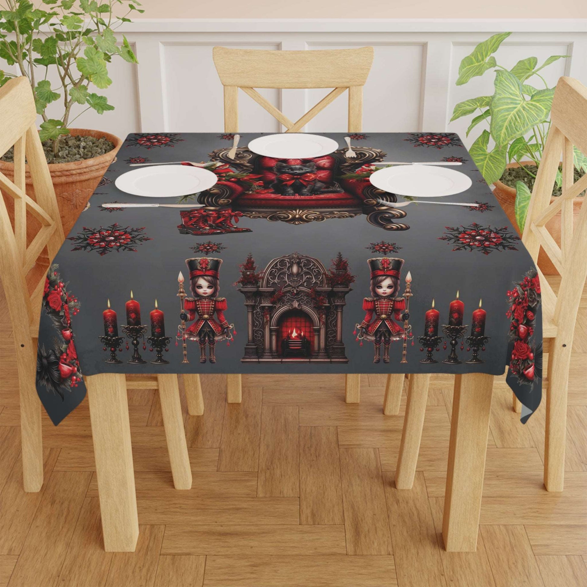 Black and Red Christmas Tablecloth | Black Cat Soldier Fireplace Kitchen Table Cover | Dark Goth Themed Holiday Decor | "A Gothic Christmas"