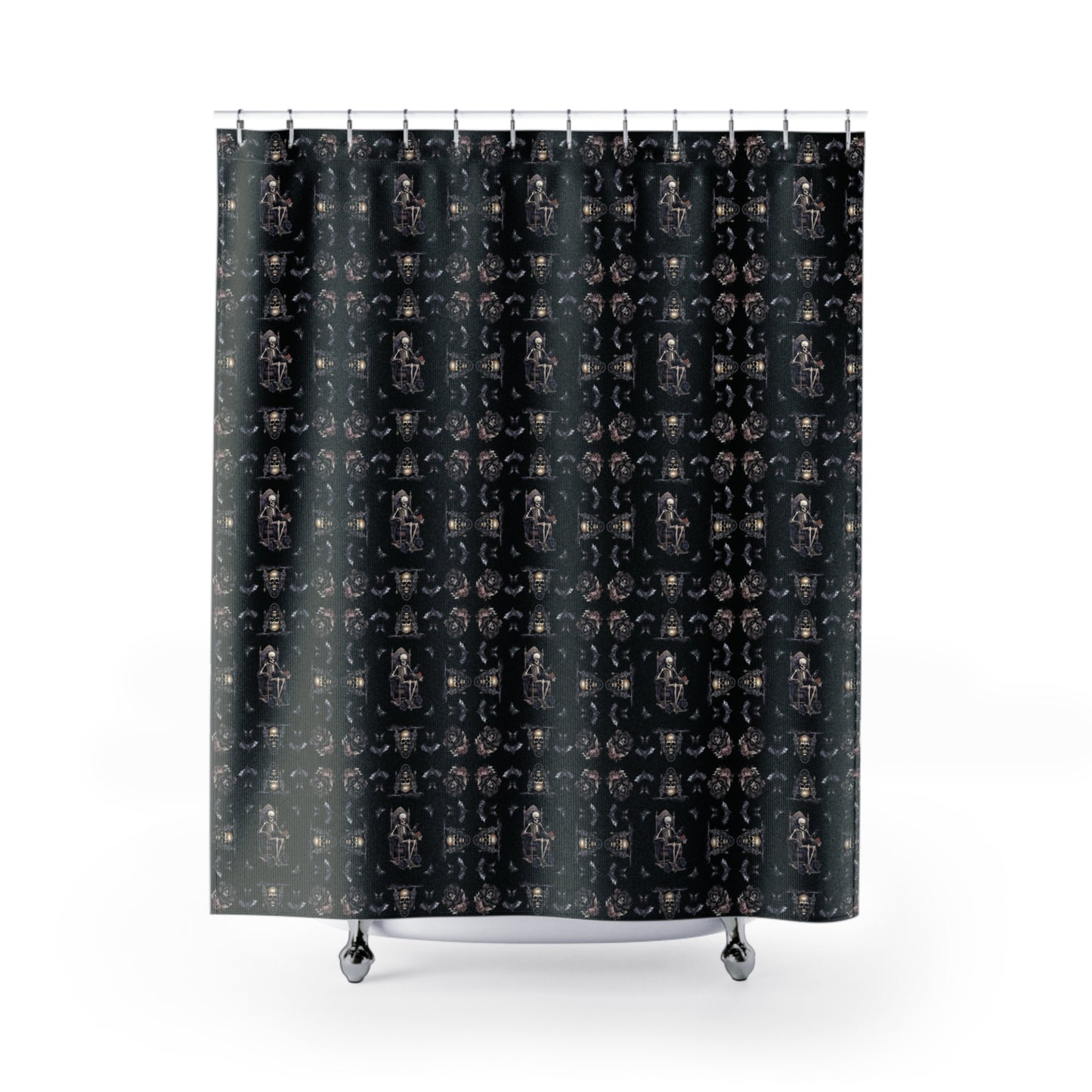 Scary Gothic Style Shower Curtain | Skeletons Skulls Bats Bathroom | Dark Goth Themed Bath Decor | "Into the Night"