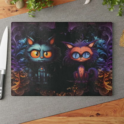 Scary Cartoon Style Cat Glass Cutting Board | Spooky Kitties Kitchen Decor | Cat Art Themed Home Accents | "Feline Combine"