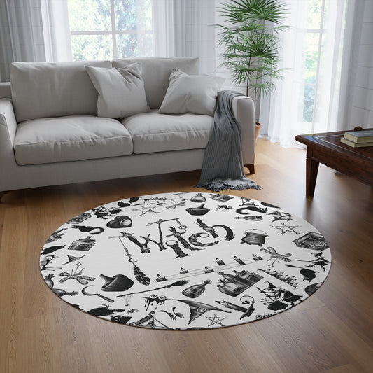 Witchy Pattern Style Round Accent Rug | Witch Symbols Area Rug | Witchcraft Themed Home Decor | "Twisted Witch"