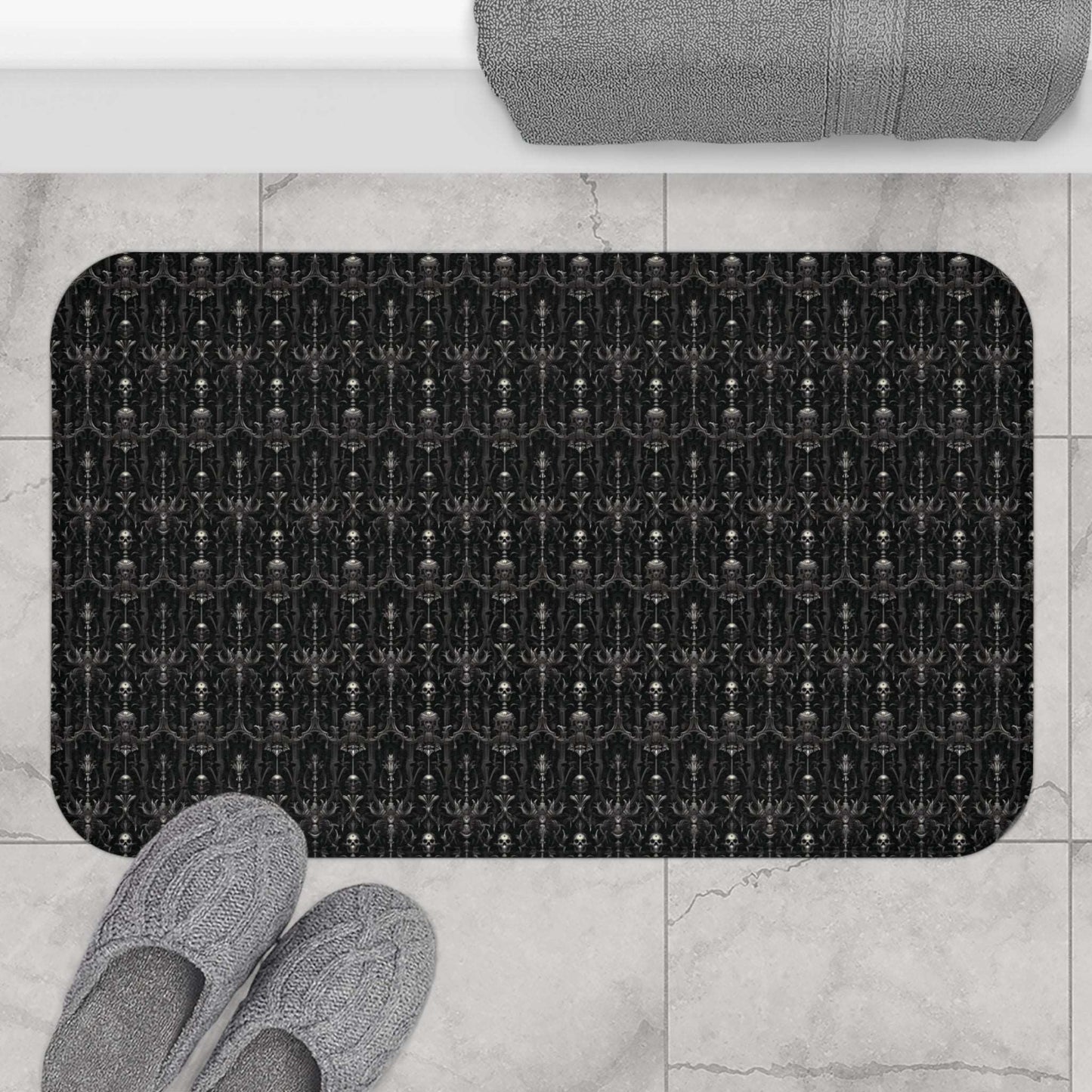 Gothic Style Bath Mat | Goth Skeletons Bathroom Rug | Dark Scary Themed Bath Decor | "Deadrose Sheleton"