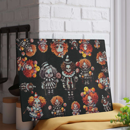 Scary Clowns Glass Cutting Board | Spooky Clown Kids Kitchen Decor | Horror Themed Home Accents | "Want Some Candy?"