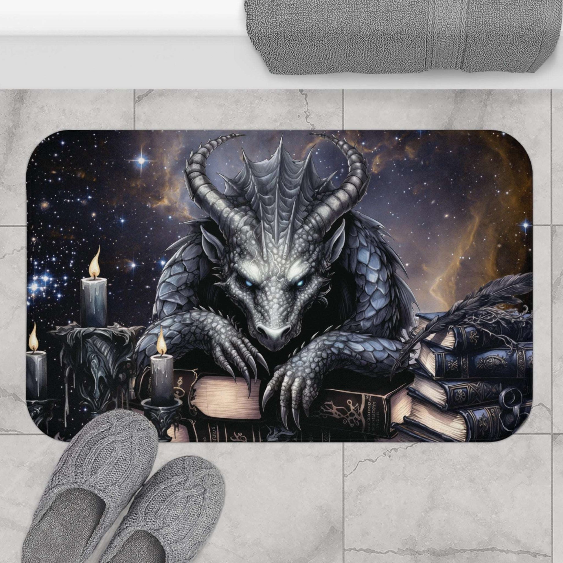 Ethereal Fantasy Style Bath Mat | Black Gargoyle Starry Sky Bathroom Rug | Supernatural Themed Bath Decor | "Knowledge is Power"