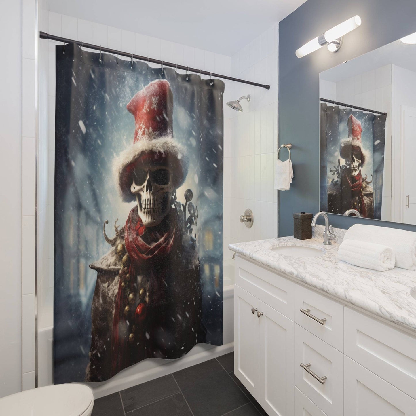 Horror Style Christmas Shower Curtain | Skeleton in a Snowstorm Bathroom Decor | Dark Scary Themed Holiday Bath Decor | "The Bone Chiller"