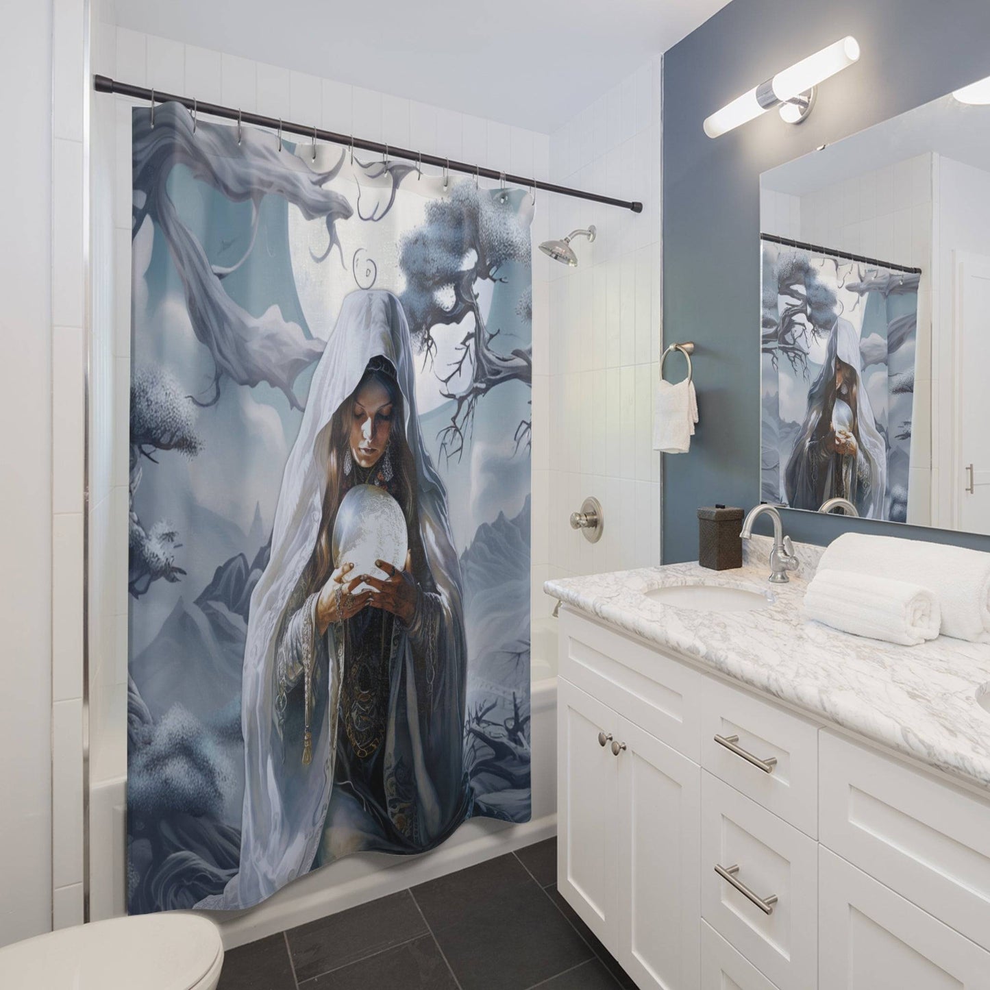 Eclectic Shower Curtain | Dark Setting Fortune Teller Crystal Ball Bathroom | Ethereal Themed Bath Decor | "Visions"