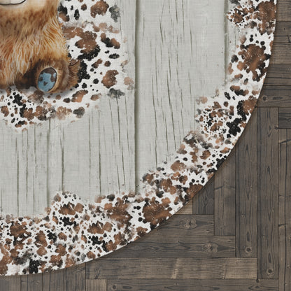 Rustic Farmhouse Round Accent Rug | Highland Cow Woodprint Area Rug | Cow Themed Home Decor | "Highland Grounds"