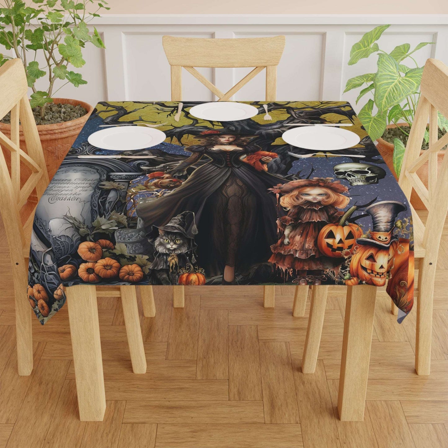 Autumn Fall Gothic Tablecloth | Witch Cemetery Skulls Little Girl Table Cover | Dark Scary Themed Home Decor | "Autumn Moon"