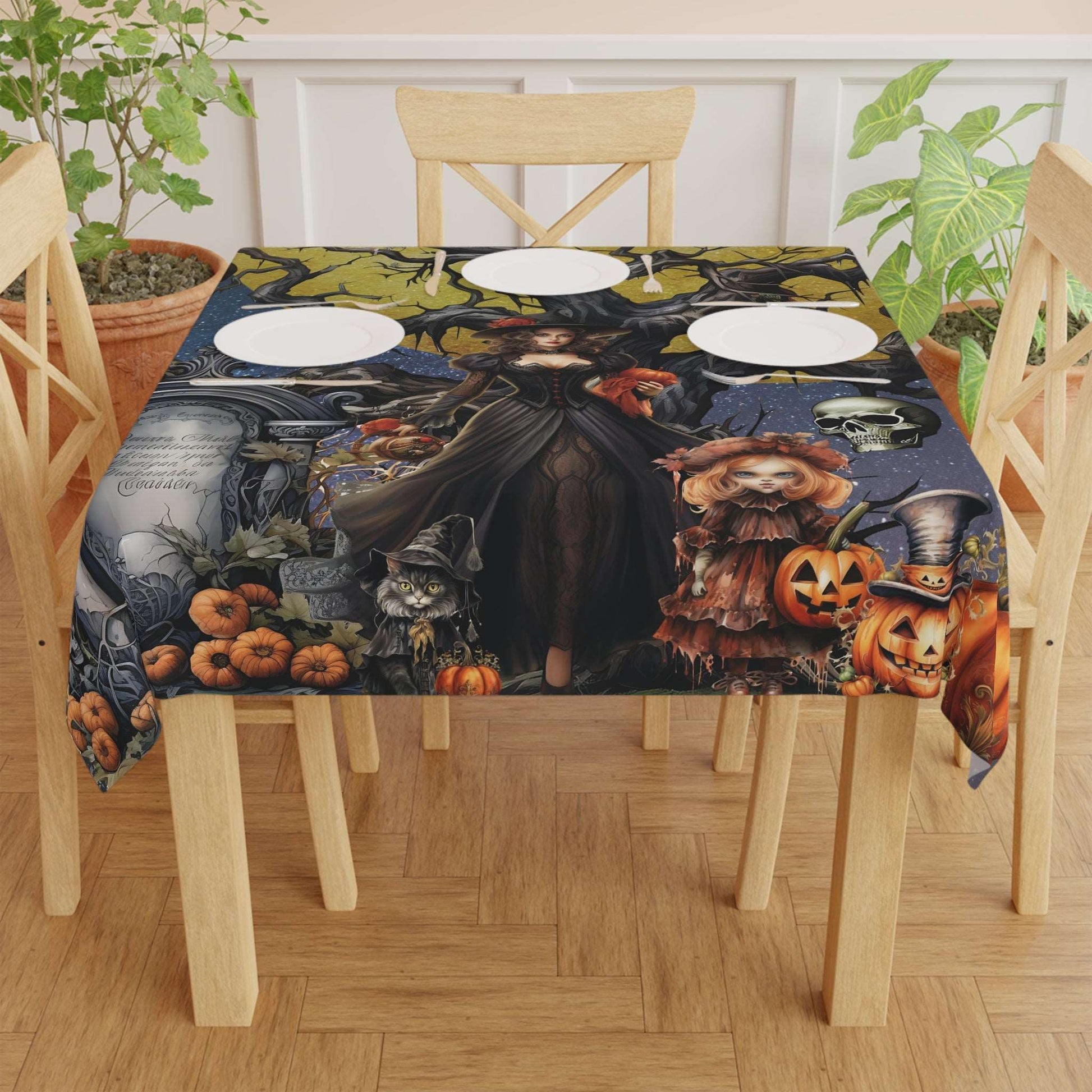 Autumn Fall Gothic Tablecloth | Witch Cemetery Skulls Little Girl Table Cover | Dark Scary Themed Home Decor | "Autumn Moon"