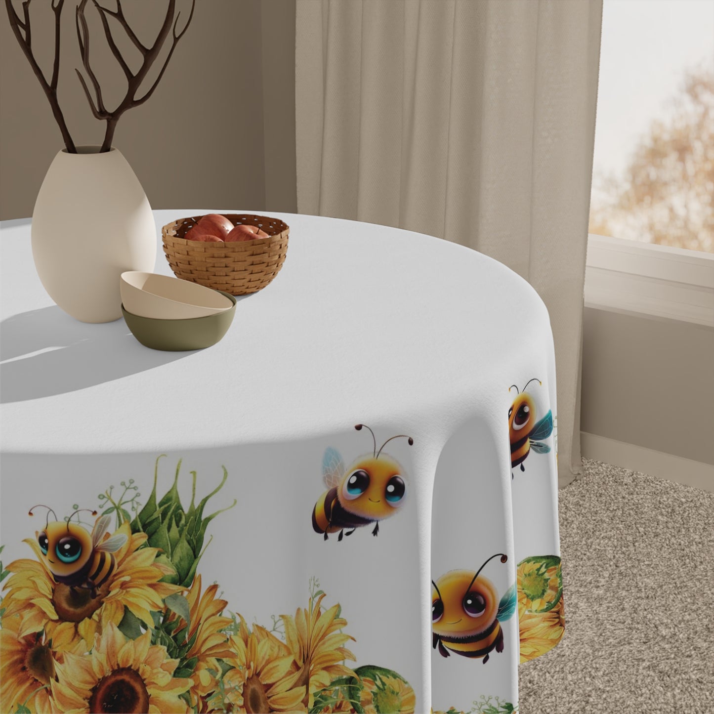 Spring Summer Tablecloth | Honeybees Sunflowers Table Cover | Bees and Flowers Themed Home Decor | "Sunflowers a'Buzzin"