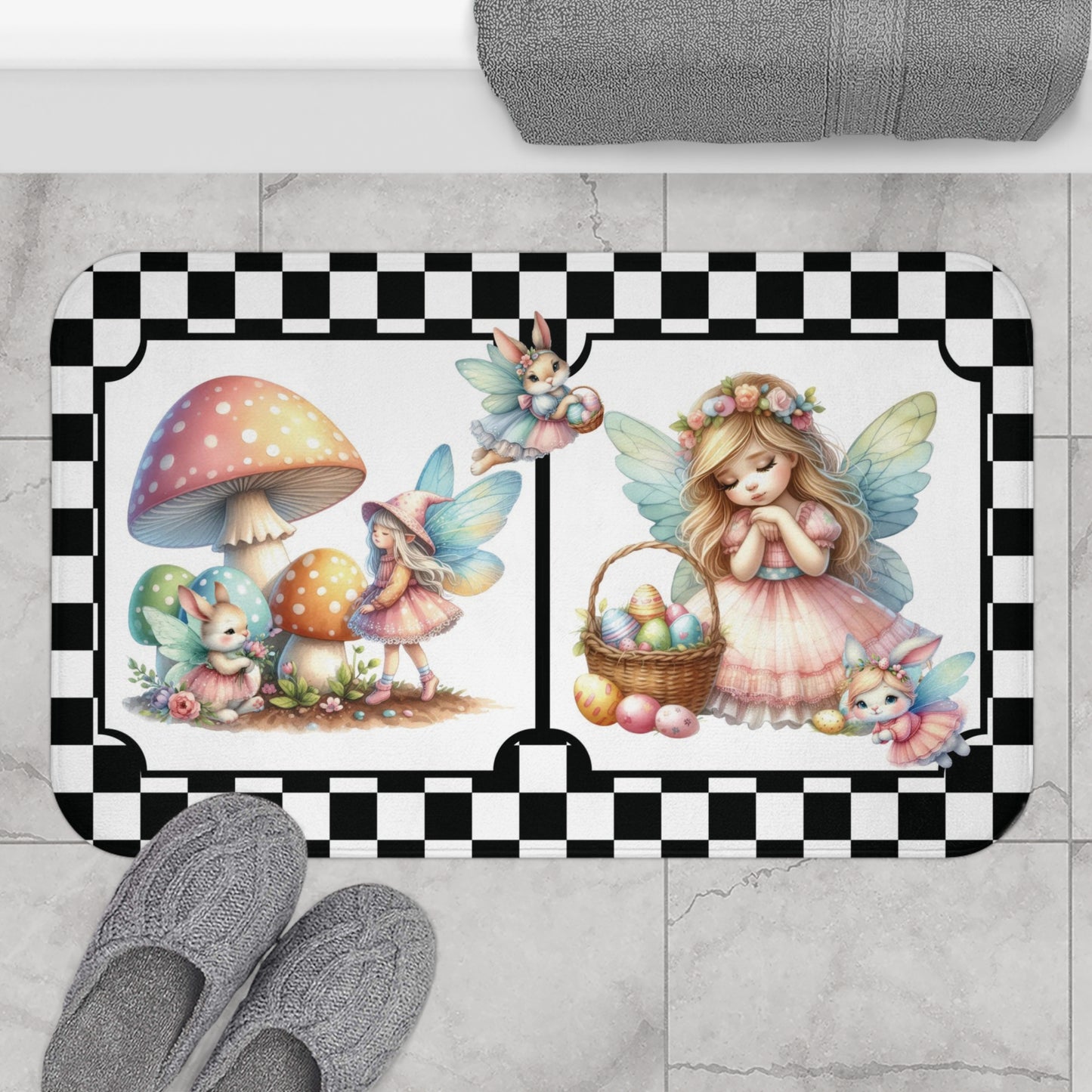 Gingham Check Spring Easter Bath Mat | Farmhouse Fairy Style Bathroom Rug | Bunnies & Fairies Themed Bath Decor | "Easter Fairies"