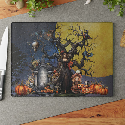 Autumn Fall Gothic Glass Cutting Board | Witch Cemetery Skulls Little Girl Kitchen Decor | Dark Scary Themed Home Accents | "Autumn Moon"