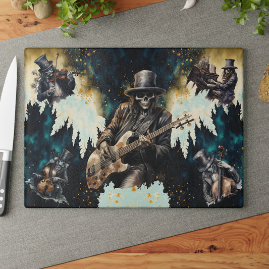 Skeleton Rock Band Glass Cutting Board | Ghostly Music Kitchen Decor | Rock & Roll Death Themed Home Accents | "Music Man"