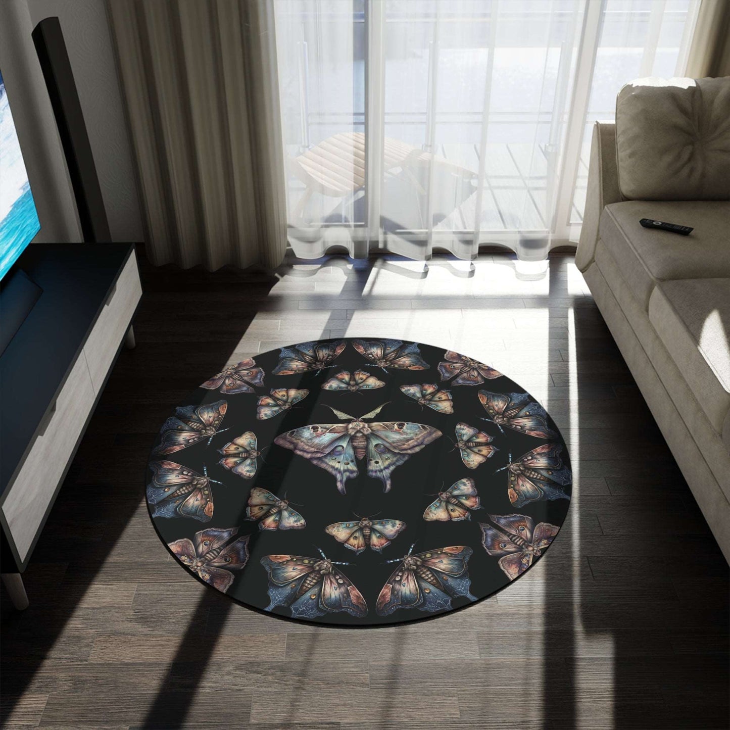 Lunar Moths on Black Round Accent Rug | Area Rug | Themed Home Decor | "Intuition"