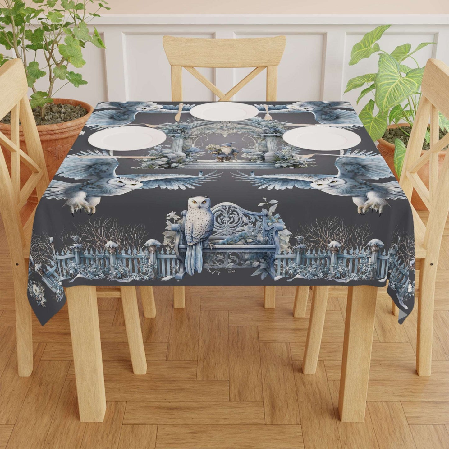 Owls and Wizard Winter Forest Tablecloth | Stylish Table Cover | Fantasy Themed Home Decor | "Winter Dreams"