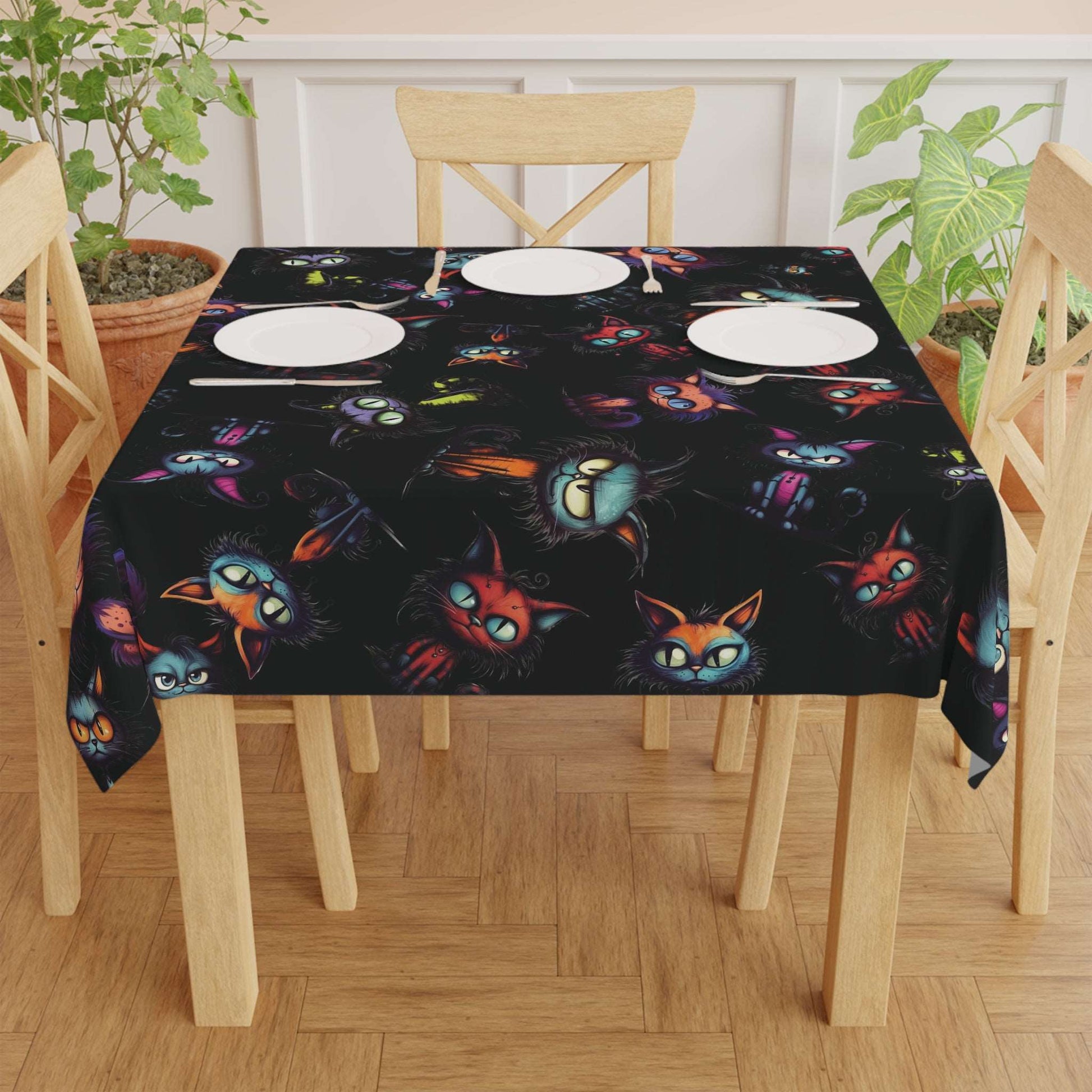 Scary Cartoon Style Cat Tablecloth | Spooky Kitties Kitchen Table Cover | Cat Art Themed Dining Decor | "Feline Combine"