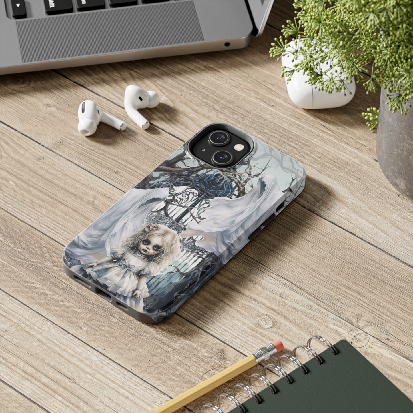 Spooky Gothic Tough iPhone Case | Ghosts Cemetery Scary Little Girl Phone Cover | Dark Scary Themed iPhone Accessories | "Let's Play"