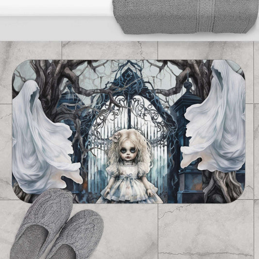 Spooky Gothic Bath Mat | Ghosts Cemetery Scary Little Girl Bathroom Rug | Dark Scary Themed Bath Decor | "Let's Play"