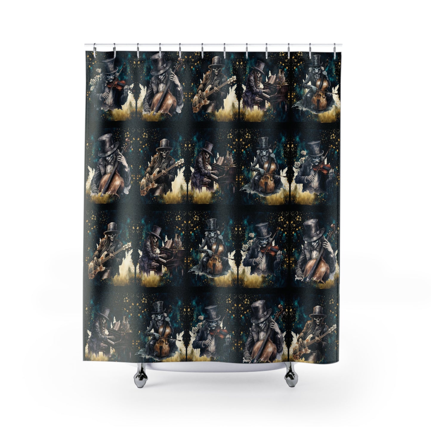 Skeleton Rock Band Shower Curtain | Ghostly Music Bathroom | Rock & Roll Death Themed Bath Decor | "Music Man"