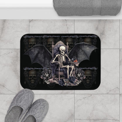 Scary Gothic Style Bath Mat | Skeletons Skulls Bats Bathroom Rug | Dark Goth Themed Bath Decor | "Into the Night"