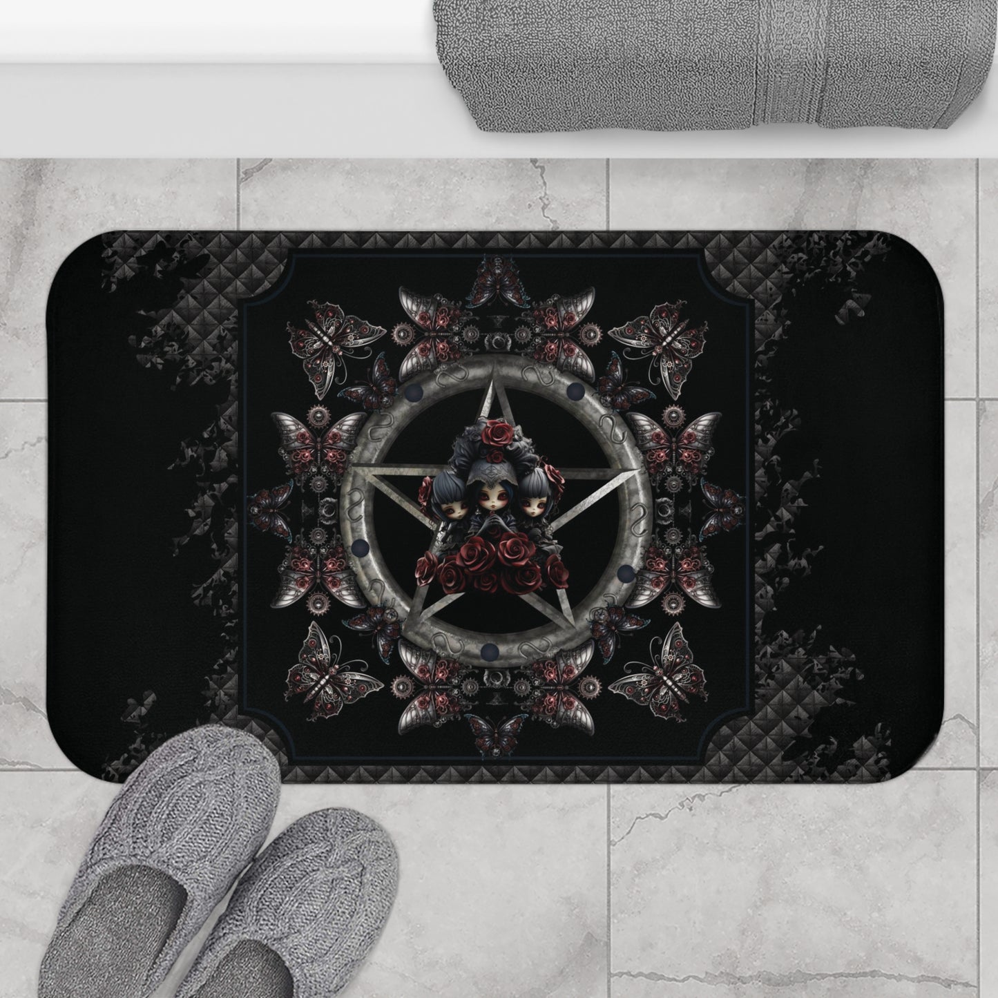 Dark Gothic Steampunk Bath Mat | Steel Metal Roses Butterflies Bathroom Rug | Dark Goth Themed Bath Decor | "Heavy Metal"