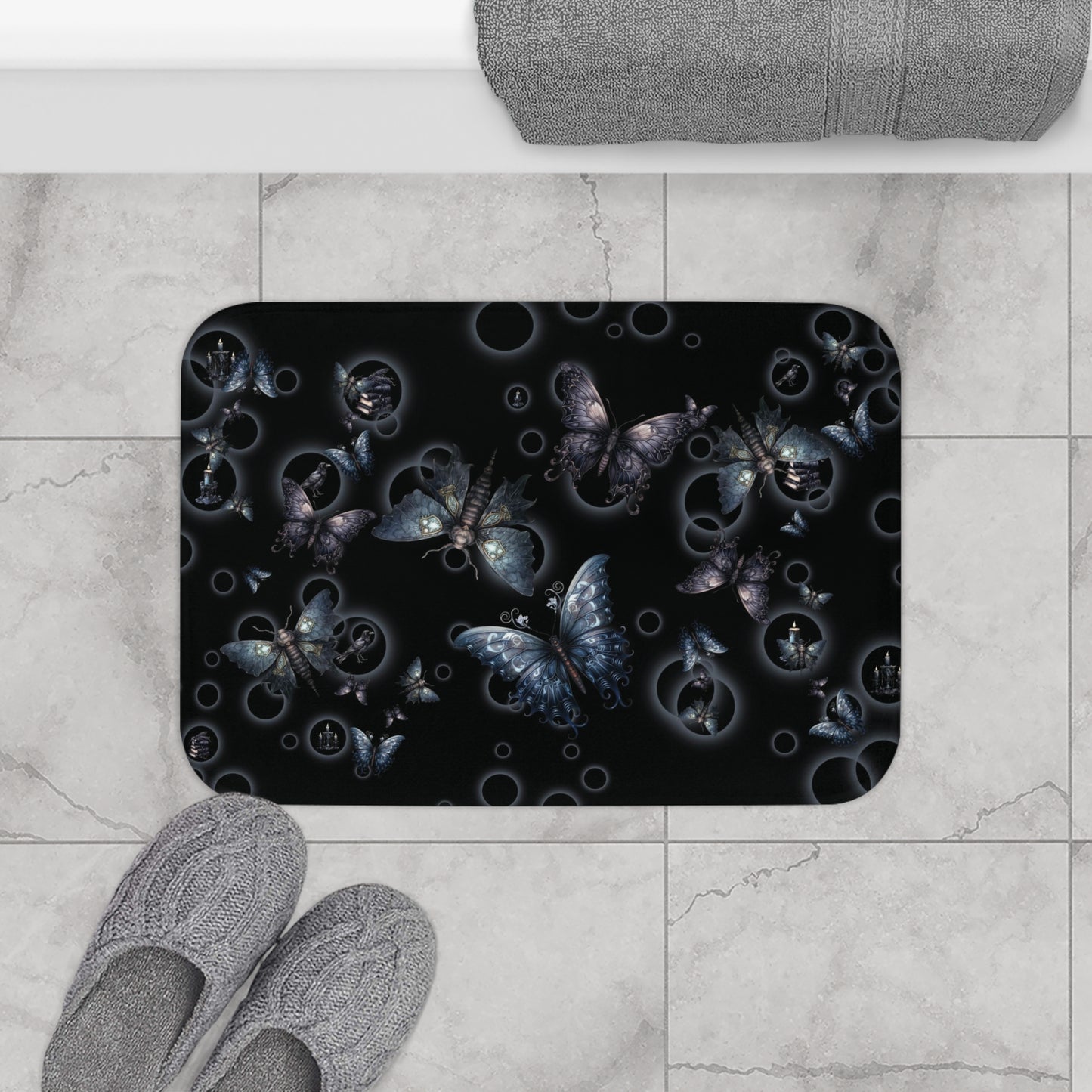 Gothic Moths Bath Mat | Candles Moths Dark Bathroom Rug | Moth Themed Bath Decor | "Moths in the Night"