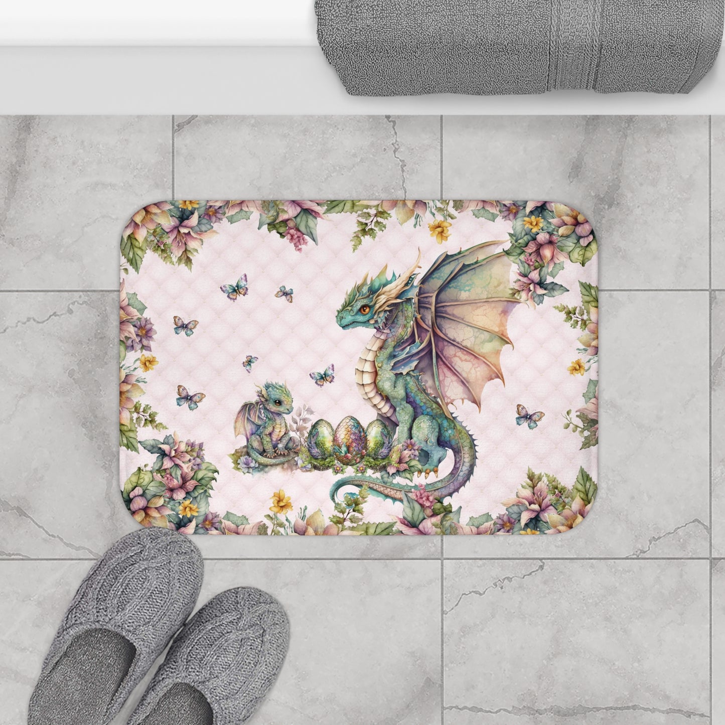 Pink Tuft Flowery Dragons Bath Mat | Fairy Fantasy Style Bathroom Rug | Dragons & Fairies Themed Bath Decor | "Fairy Dragon Manor"