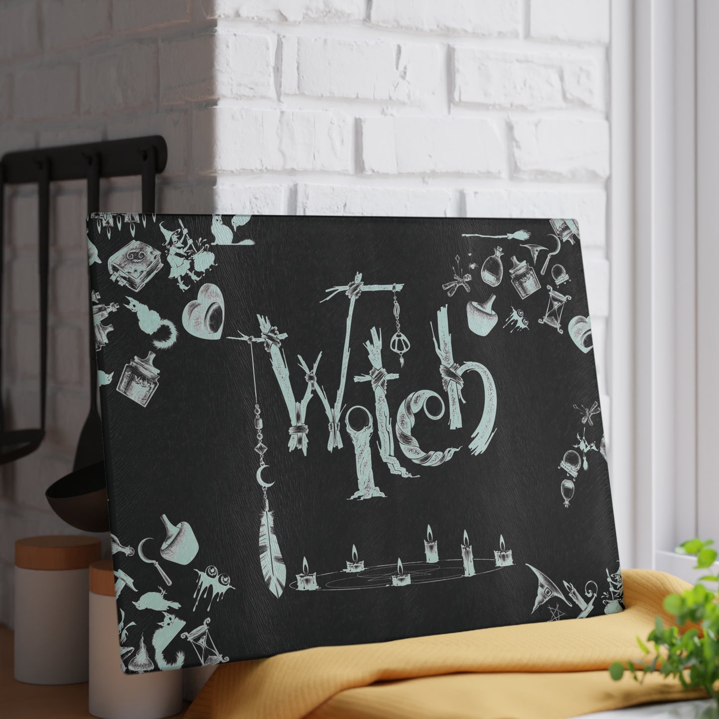 Witchy Pattern Style Glass Cutting Board | Witch Symbols Kitchen Decor | Witchcraft Themed Home Accents | "Twisted Witch"