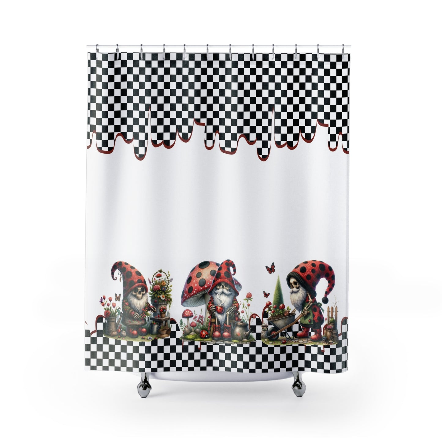 Gnome Skeletons & Mushrooms Shower Curtain | Spring Summer Cute & Scary Bathroom | Gnome Themed Bath Decor | "SkelliGnomes"