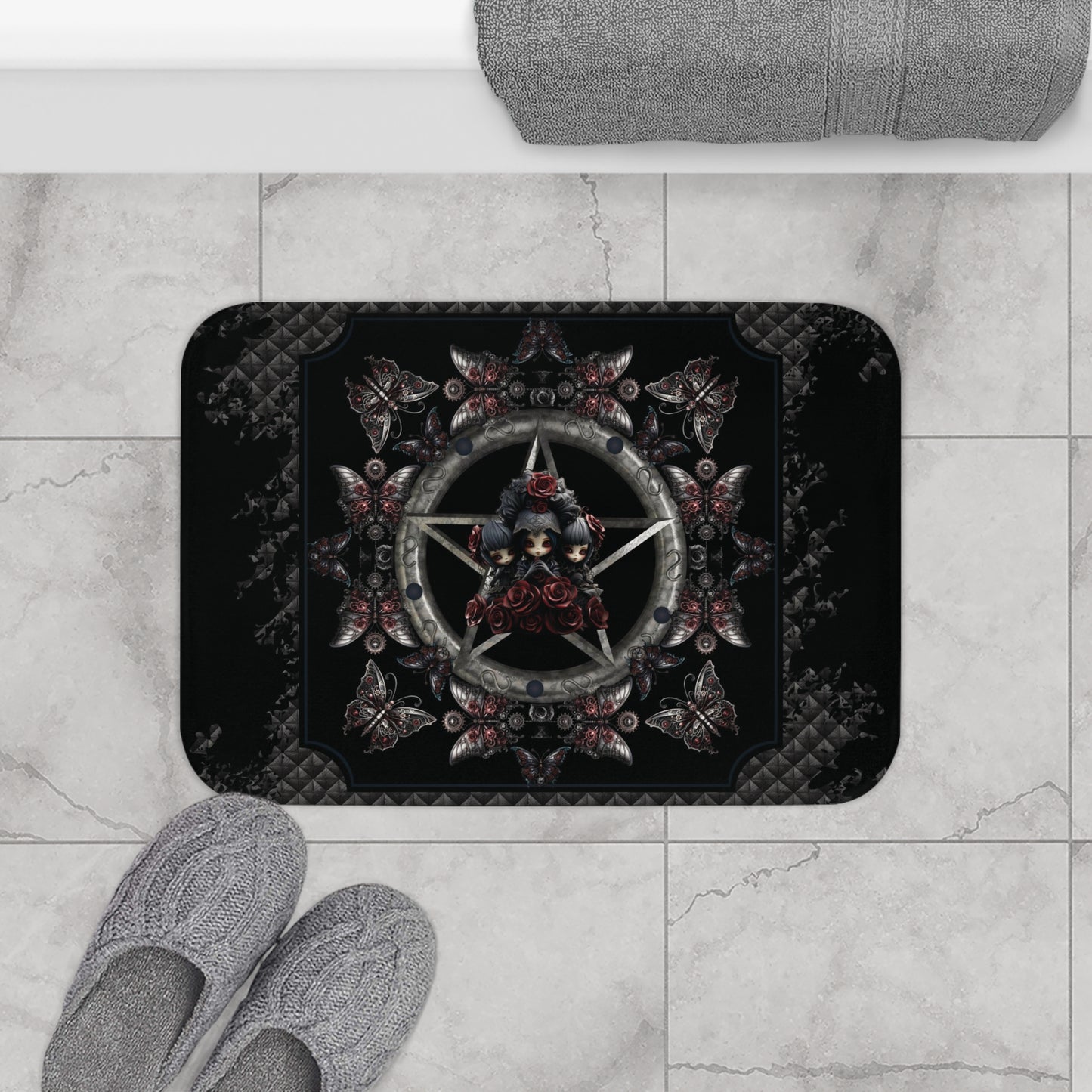 Dark Gothic Steampunk Bath Mat | Steel Metal Roses Butterflies Bathroom Rug | Dark Goth Themed Bath Decor | "Heavy Metal"