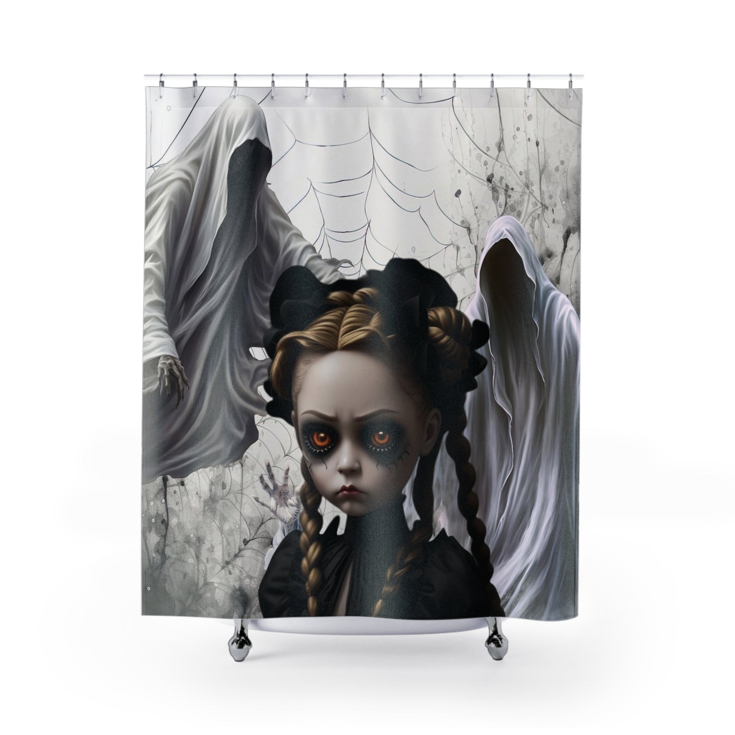 Dark Haunted Shower Curtain | Scary Girl Spirits Spiderwebs Bathroom | Dark Scary Themed Bath Decor | "The Soul Seeker"