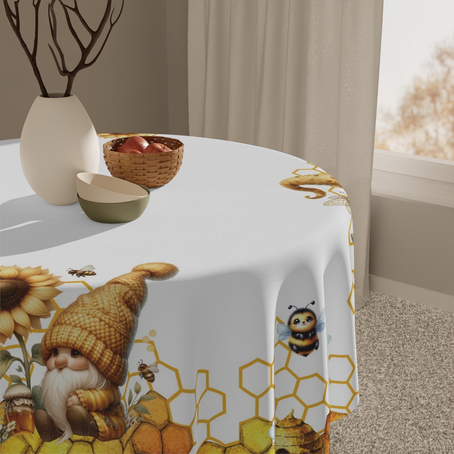 Honeycomb Sunflowers Tablecloth | Gnomes Honeybees Table Cover | Spring Summer Themed Home Decor | "UnbeeGnomes to Me, Honey"