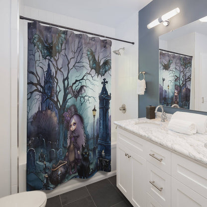 Dark Spooky Shower Curtain | Witch Cemetery Black Cat Bathroom | Dark Scary Themed Bath Decor | "Witch Amongst the Dead"