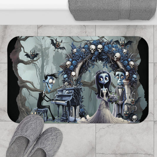 Goth Cartoon Married Couple Bath Mat | Zombie Wedding in the Woods Bathroom Rug | Cartoon Horror Themed Bath Decor | "Undead & Wedded"