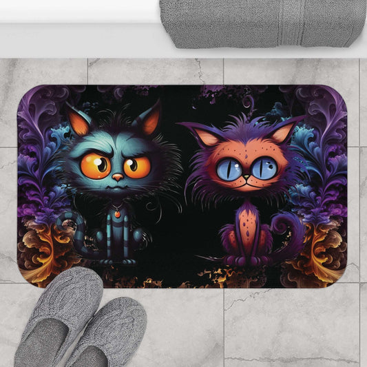 Scary Cartoon Style Cat Bath Mat | Spooky Kitties Bathroom Rug | Cat Art Themed Bath Decor | "Feline Combine"